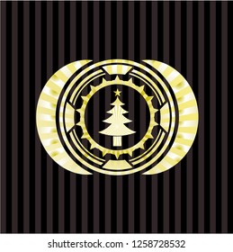 christmas tree icon inside golden emblem