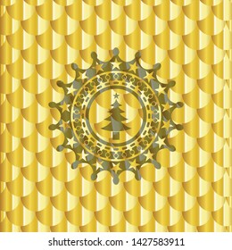 christmas tree icon inside golden emblem or badge. Scales pattern. Vector Illustration. Detailed.