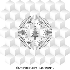 christmas tree icon inside grey icon or emblem with geometric cube white background