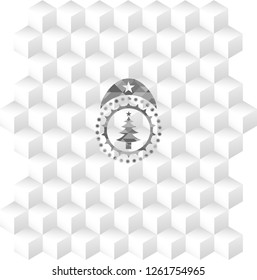 christmas tree icon inside grey badge with geometric cube white background