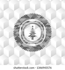 christmas tree icon inside grey emblem. Vintage with geometric cube white background