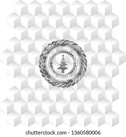 christmas tree icon inside grey emblem. Retro with geometric cube white background