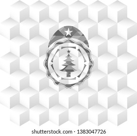 christmas tree icon inside grey emblem with cube white background