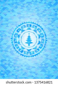 christmas tree icon inside light blue emblem. Mosaic background