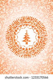 christmas tree icon inside orange mosaic emblem