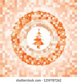 christmas tree icon inside orange mosaic emblem with background