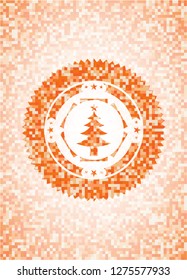 christmas tree icon inside orange tile background illustration. Square geometric mosaic seamless pattern with emblem inside.