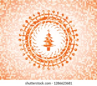 christmas tree icon inside orange tile background illustration. Square geometric mosaic seamless pattern with emblem inside.