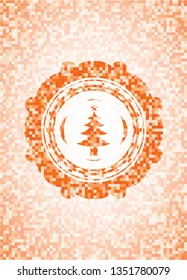 christmas tree icon inside orange tile background illustration. Square geometric mosaic seamless pattern with emblem inside.