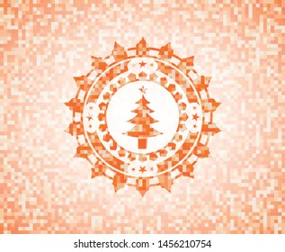 christmas tree icon inside orange tile background illustration. Square geometric mosaic seamless pattern with emblem inside.
