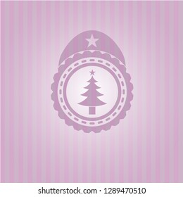 christmas tree icon inside pink emblem. Vintage.