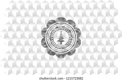 christmas tree icon inside realistic grey emblem with cube white background