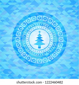 christmas tree icon inside realistic sky blue emblem. Mosaic background