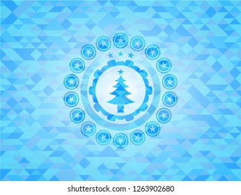 christmas tree icon inside realistic light blue mosaic emblem