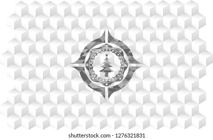 christmas tree icon inside realistic grey emblem with cube white background