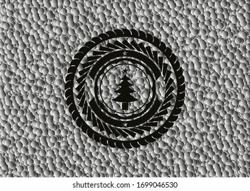 christmas tree icon inside realistic dark emblem with bubbles background. Vector Illustration. Detailed.