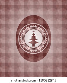 christmas tree icon inside red badge with geometric pattern background. Seamless.