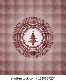 christmas tree icon inside red badge with geometric pattern. Seamless.