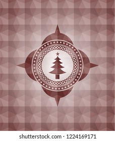 christmas tree icon inside red seamless badge with geometric pattern background.