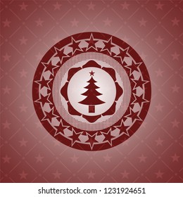 christmas tree icon inside red emblem. Retro