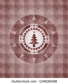 christmas tree icon inside red geometric badge. Seamless.