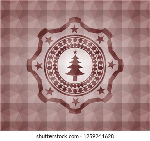 christmas tree icon inside red emblem or badge with abstract geometric pattern background. Seamless.