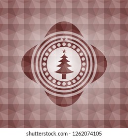christmas tree icon inside red seamless badge with geometric background.