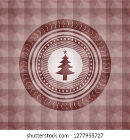 christmas tree icon inside red badge with geometric background. Seamless.