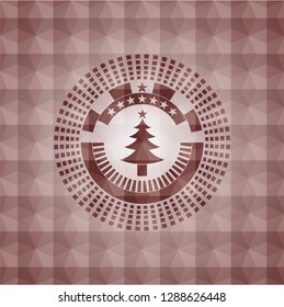 christmas tree icon inside red badge with geometric pattern. Seamless.