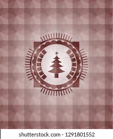 christmas tree icon inside red emblem or badge with abstract geometric polygonal pattern background. Seamless.