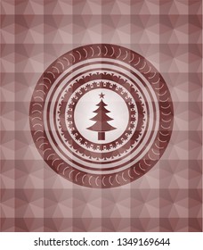 christmas tree icon inside red seamless badge with geometric background.
