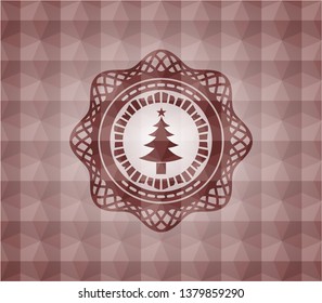 christmas tree icon inside red badge with geometric pattern. Seamless.