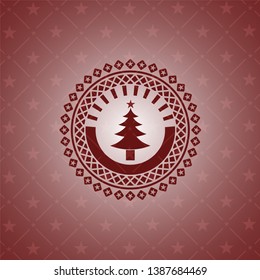 christmas tree icon inside red emblem. Vintage.