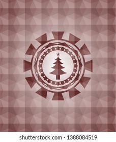 christmas tree icon inside red geometric pattern emblem. Seamless.