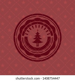 christmas tree icon inside red emblem. Vintage.