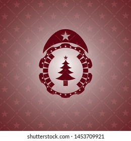 christmas tree icon inside red emblem. Retro