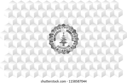 christmas tree icon inside retro style grey emblem with geometric cube white background