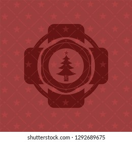 christmas tree icon inside retro red emblem