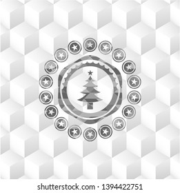 christmas tree icon inside retro style grey emblem with geometric cube white background