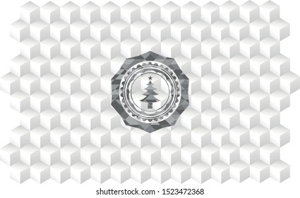 christmas tree icon inside retro style grey emblem with geometric cube white background
