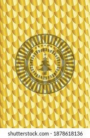 icono del árbol de navidad dentro del brillante emblema dorado. Patrón de escalas. Ilustración vectorial. Detallado. 