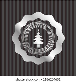 christmas tree icon inside silver badge or emblem