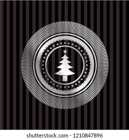 christmas tree icon inside silver emblem or badge