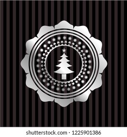 christmas tree icon inside silver badge or emblem