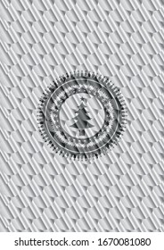 christmas tree icon inside silver shiny emblem. Scales pattern. Vector Illustration. Detailed.