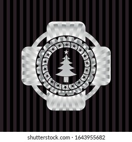 christmas tree icon inside silvery shiny badge