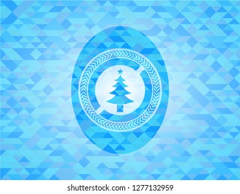 christmas tree icon inside sky blue emblem with triangle mosaic background