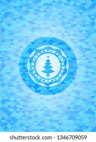 christmas tree icon inside sky blue emblem. Mosaic background