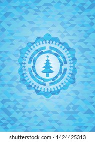 christmas tree icon inside sky blue emblem with mosaic ecological style background