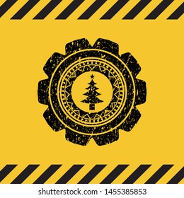christmas tree icon inside warning sign, black grunge emblem. Vector Illustration. Detailed.